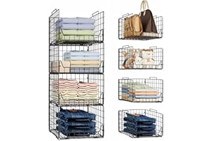 Jakyitvi Stackable Closet Organizers and Storage Bins 4 Pack, Sturdy Metal Clothes Storage Container for Clothes Pants Sweaters, Black Folded Drawer Shelf Organizer for Closet Wardrobe