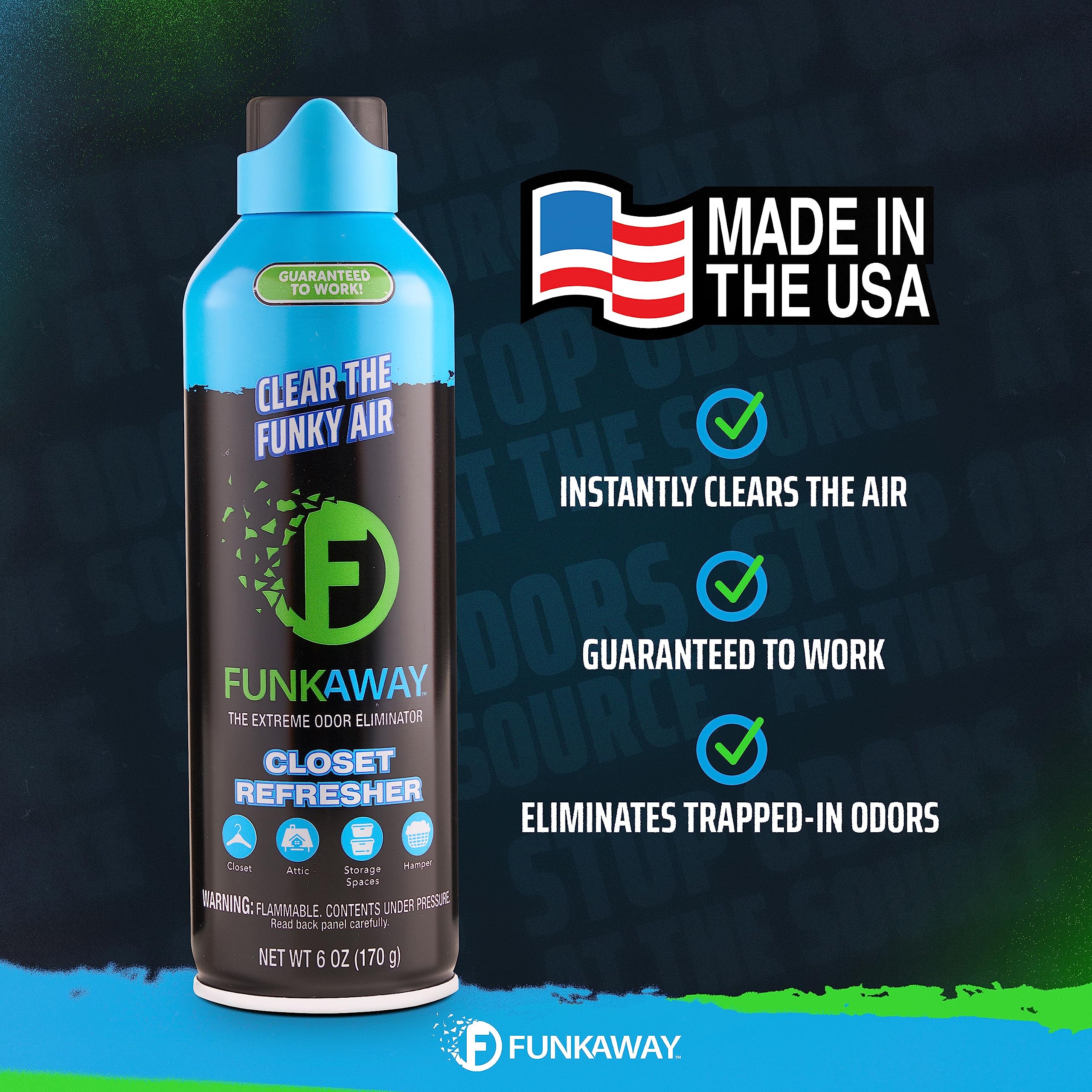 FunkAway Extreme Odor Eliminating Closet Refresher AeroSpray, 6 oz., Odor Eliminating Spray Removes Musty, Stuffy, Sweaty and Stinky Airborne Odors