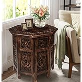 The Wooden Town End Tables for Living Room– Hand Carved Vintage Boho Folding Side Tables for Small Spaces, Entryway, Living R