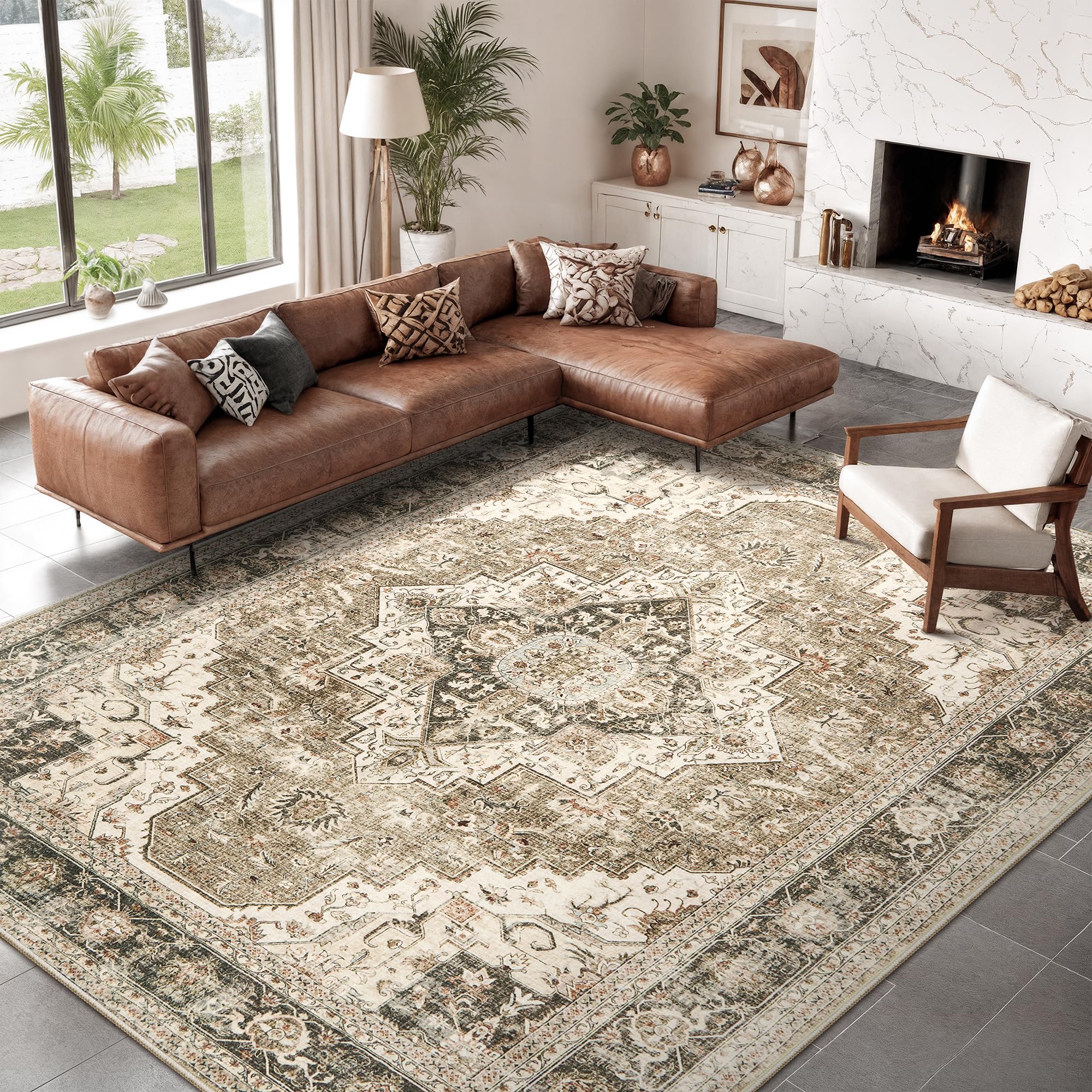 Roxstand Washable Rugs 9x12, Large Area Rugs 9x12 Living Room with Non-Slip Backing, Super-Soft Floral Vintage Rug, Low Pile Area Rug for Bedroom, Dining Room, Office (Brown/Beige, 9'x12') Image
