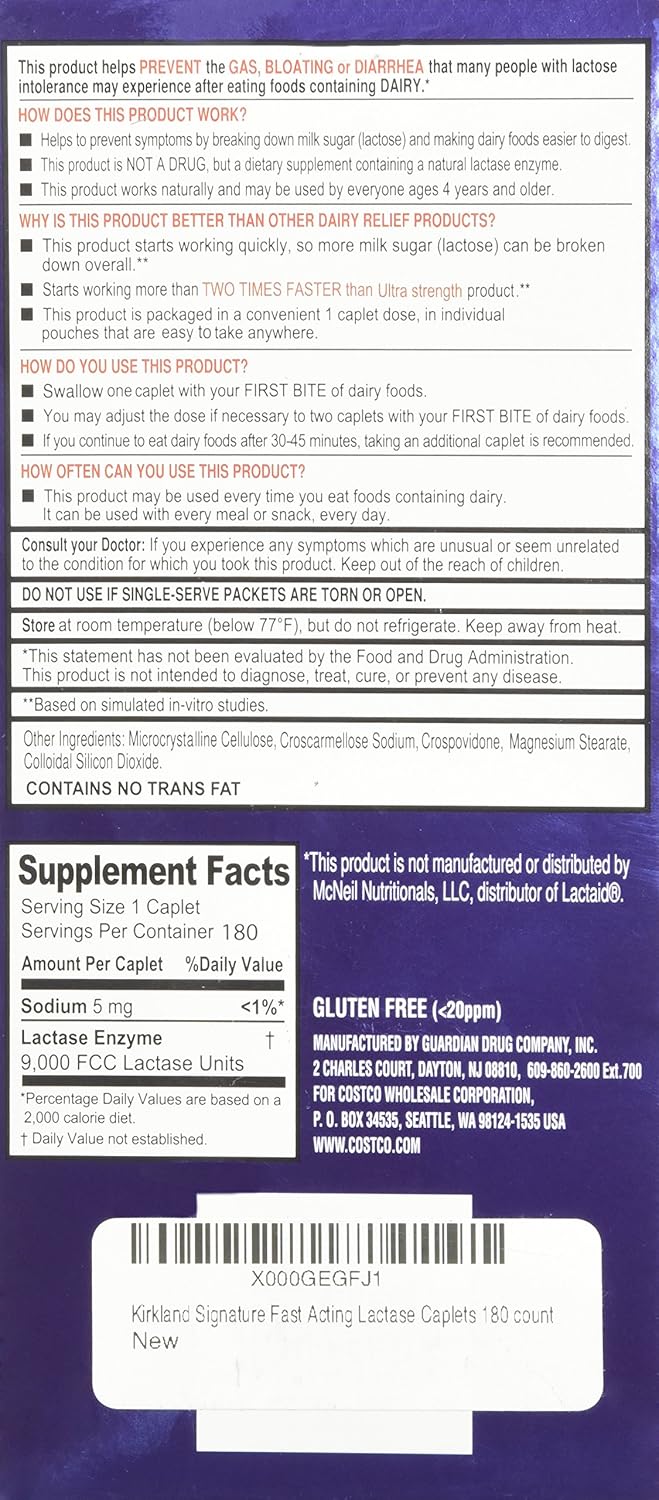 Kirkland Signature Fast Acting Lactase - 180 Caplets: Health & Personal Care