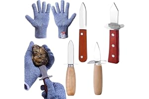 4 Pcs Oyster Shucking Knife Kit, Oyster Shucker Tool with Classic Wooden Handle, Clam Opening Knives & 1 Pair of Gloves(XL)