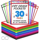 30 Pack Reusable Dry Erase Pockets Sleeves 10x14, Classroom Sheet Protector | 2 Binder Rings, 10 Colors Set, Oversized Write &amp; Wipe Dry Erase Sleeves, Teachers Classroom Must Haves, School Supplies