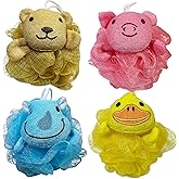 Bleu Bath (4 Pack) Lovely Animal Design Kids Exfoliating Bath Scrubber Body Scrubber Shower Ball for Baby Toddler Kids Gentle Exfoliating Bath Sponge Loofah Pouf in Colorful Design (Joyful TERRICOLE)