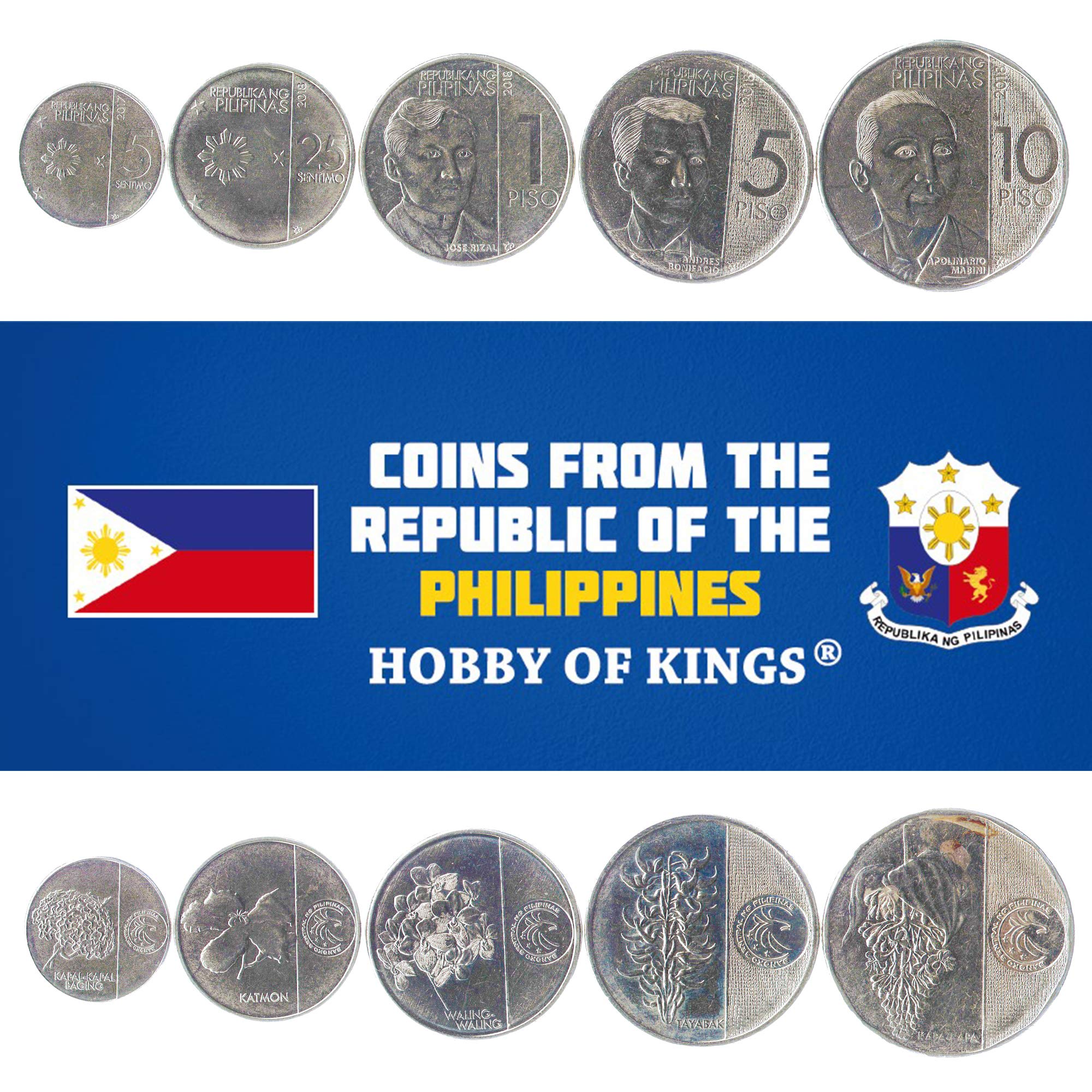 SET OF 5 COINS FROM PHILIPPINES, 5, 25, SENTIMOS, 1, 5, 10 PISO, 2017-2019