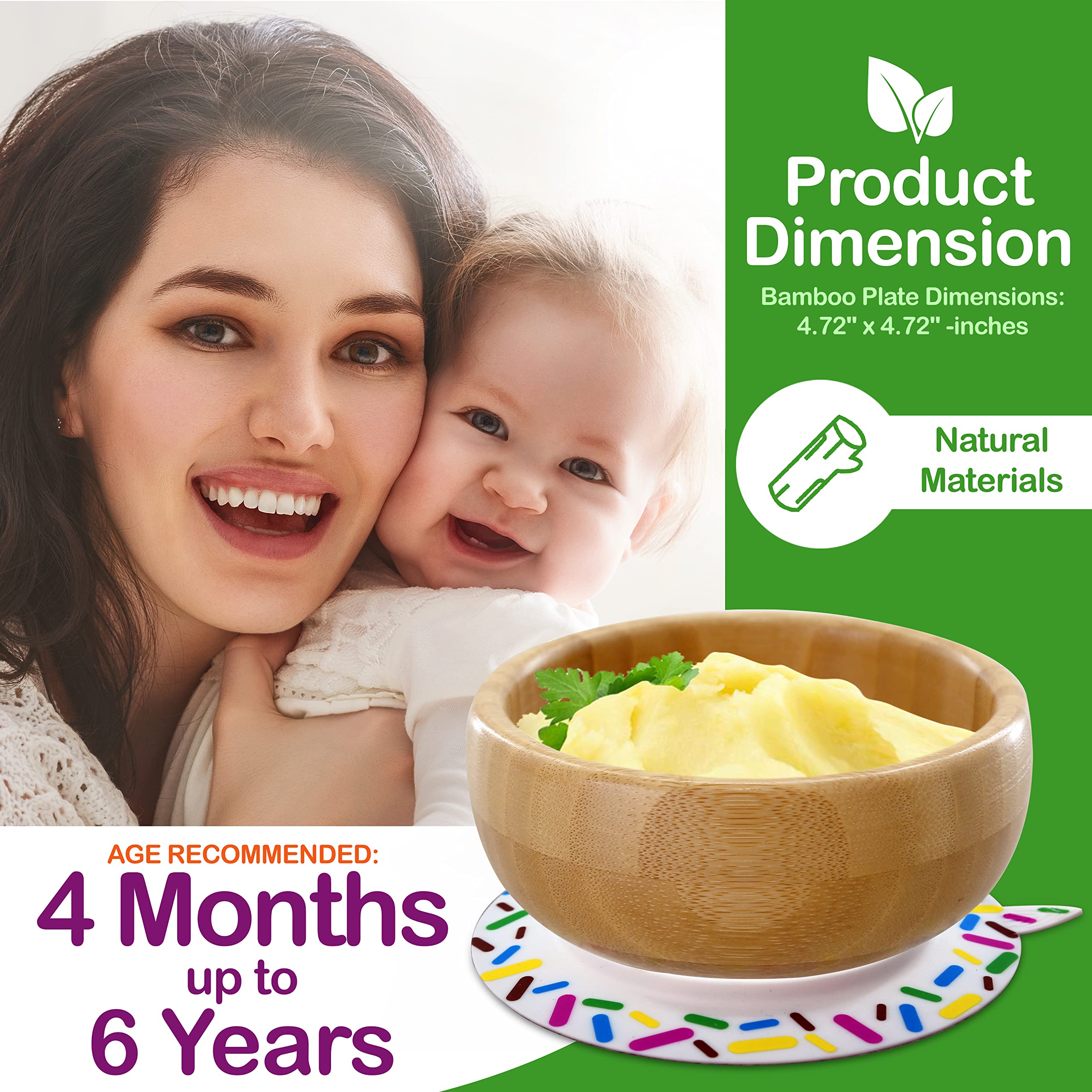 NutriChef Bamboo Baby Feeding Bowl - Wooden Infant Toddler Dish and Spoon Set w/Silicone Suction Base for Stay Put Eating, For Children Aged 4-72 Months (Sparkle)