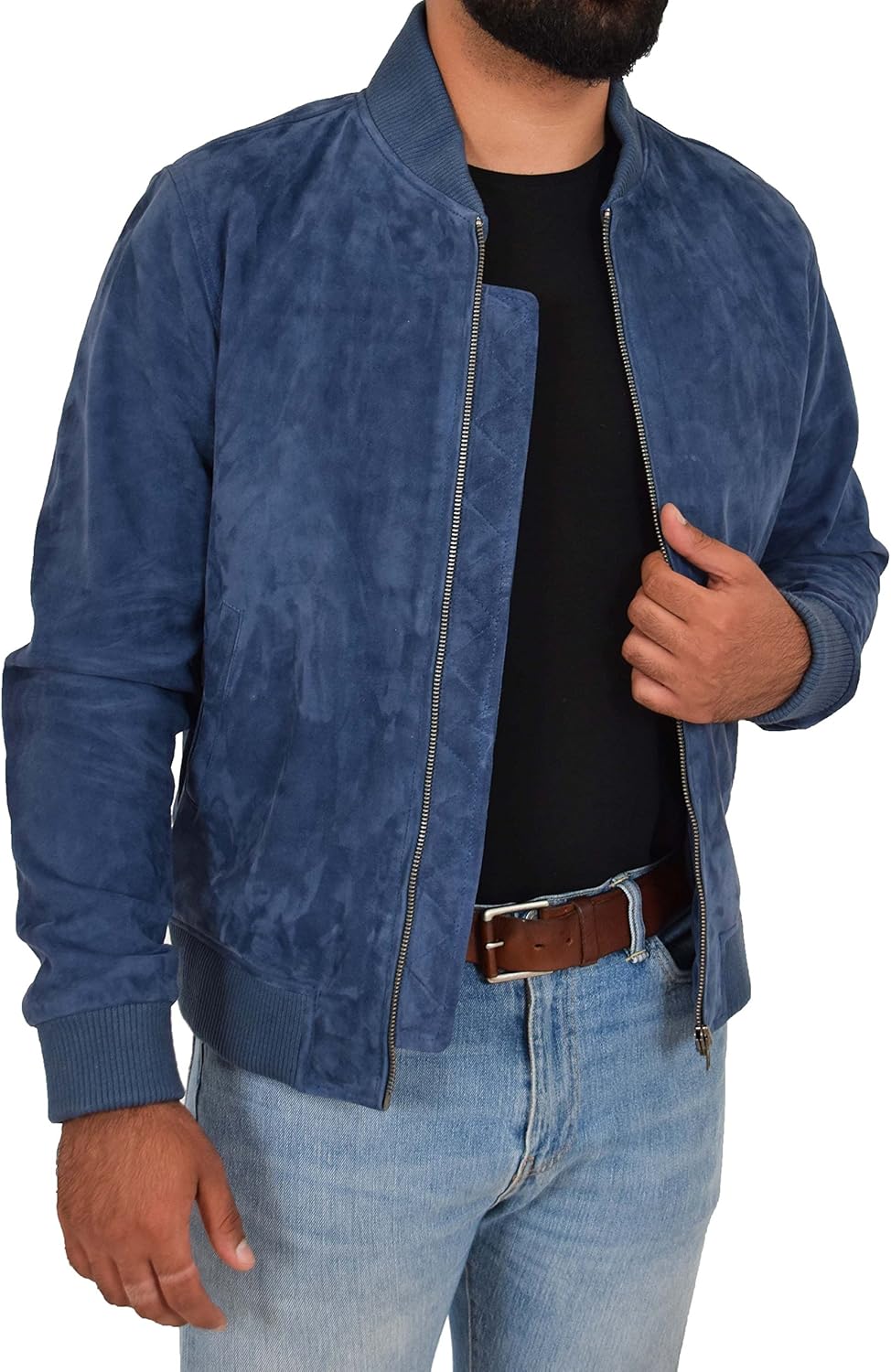 Mens Real Suede Ma 1 Bomber Jacket Slim Fit Varsity Style Trevor Blue At Amazon Men S Clothing Store