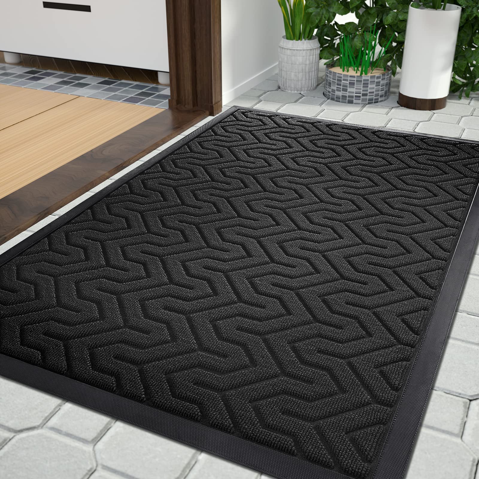 Yimobra Door Mats, Heavy Duty Water Absorbent Mud Resistant Easy Clean Entry Outdoor Mat,Non Slip Backing, Exterior Mats for Outside Patio Porch Farmhouse,75 x 43 cm, Black
