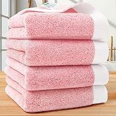 VOOVA & MOVAS Pink Bathroom Hand Towels Set of 4, 13"x28" - Cotton | Lightweight | Thick 460GSM | Soft | Absorbent | Fluffy, Terry Cloth Hand Towels for Bathroom, Rose Pink Hand Towel with White Trim