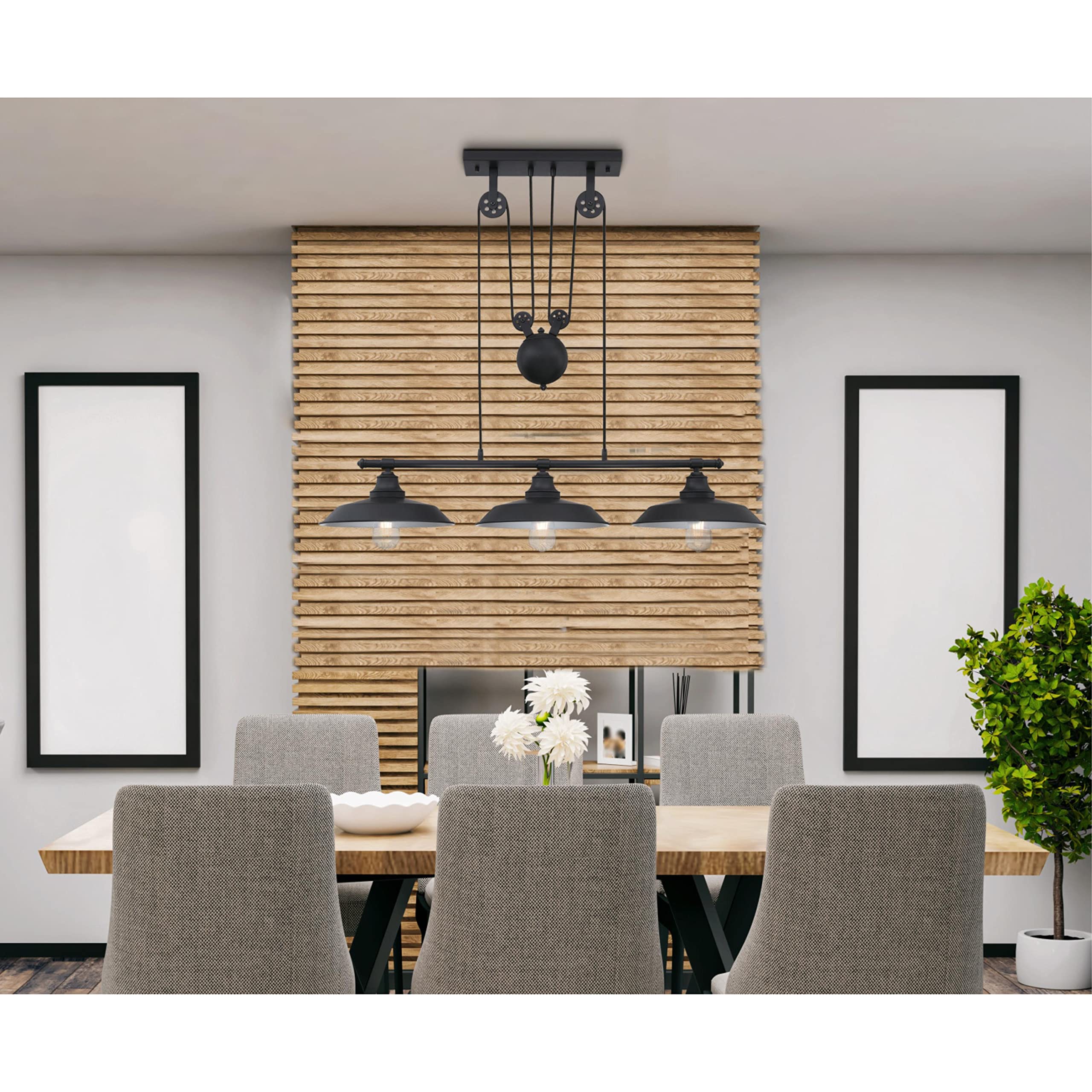 Westinghouse 6129400 Iron Hill Vintage-Style Three Light Indoor Pulley Pendant, Matte Black Finish