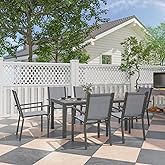 Outsunny 7 Piece Patio Dining Set, Outdoor Dining Table and 6 Stackable Chairs, Metal Patio Furniture Set with WPC Top, Breat