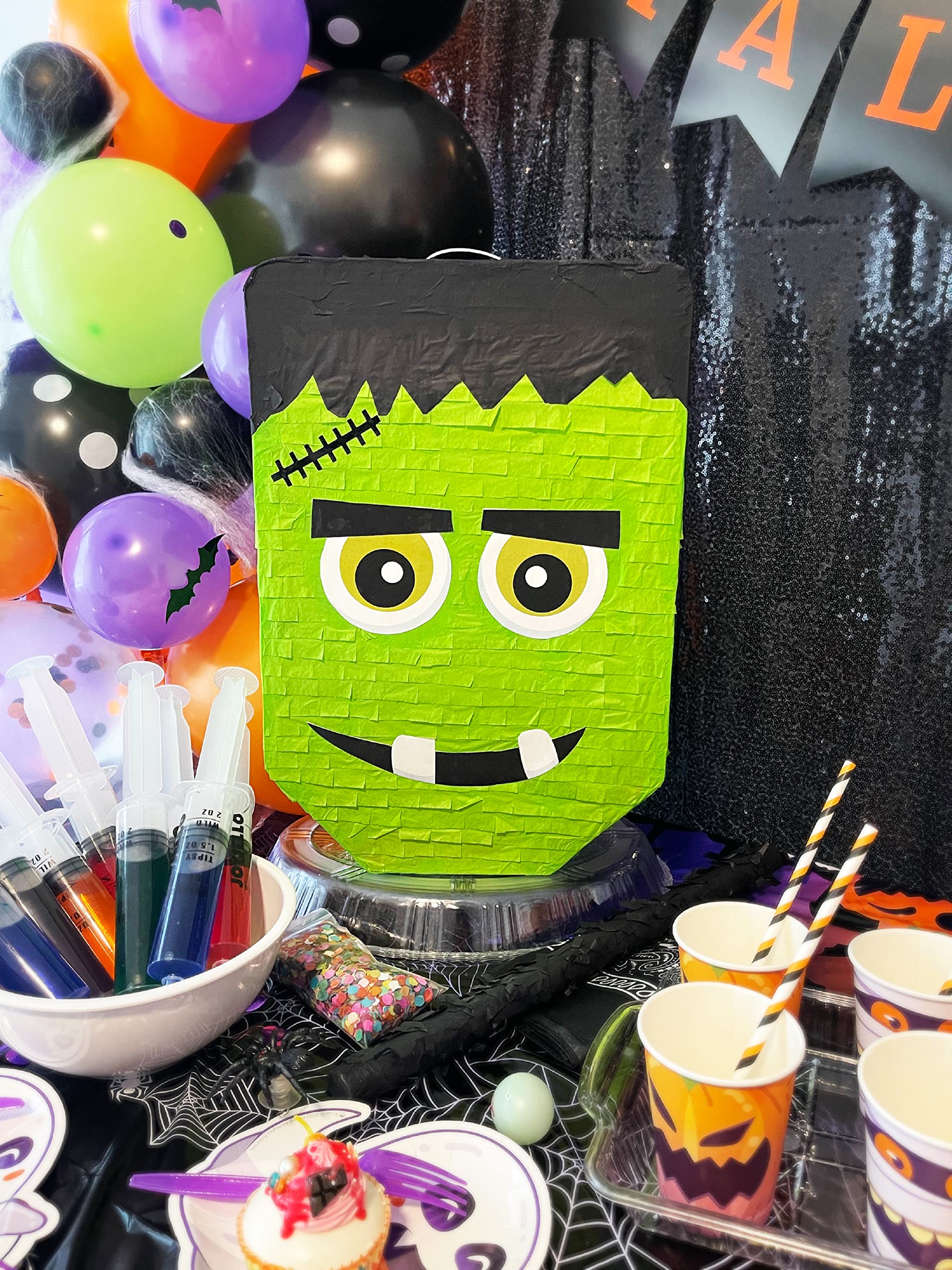 Cute Frankenstein Halloween Piñata 3-piece Bundle for kids and adults, fits 2lbs of candy, perfect for Halloween party, spooky decorations, October birthday and party supplies