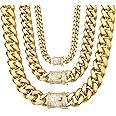 WinTrend Cuban Link Chain Necklace or Bracelet with Bling Bling Cubic Zirconia Iced-Out Clasp for Men 8mm/10mm/12mm/14mm/18mm 18K Gold Stainless Steel Hip Hop Miami Curb Chains 8-30 inch