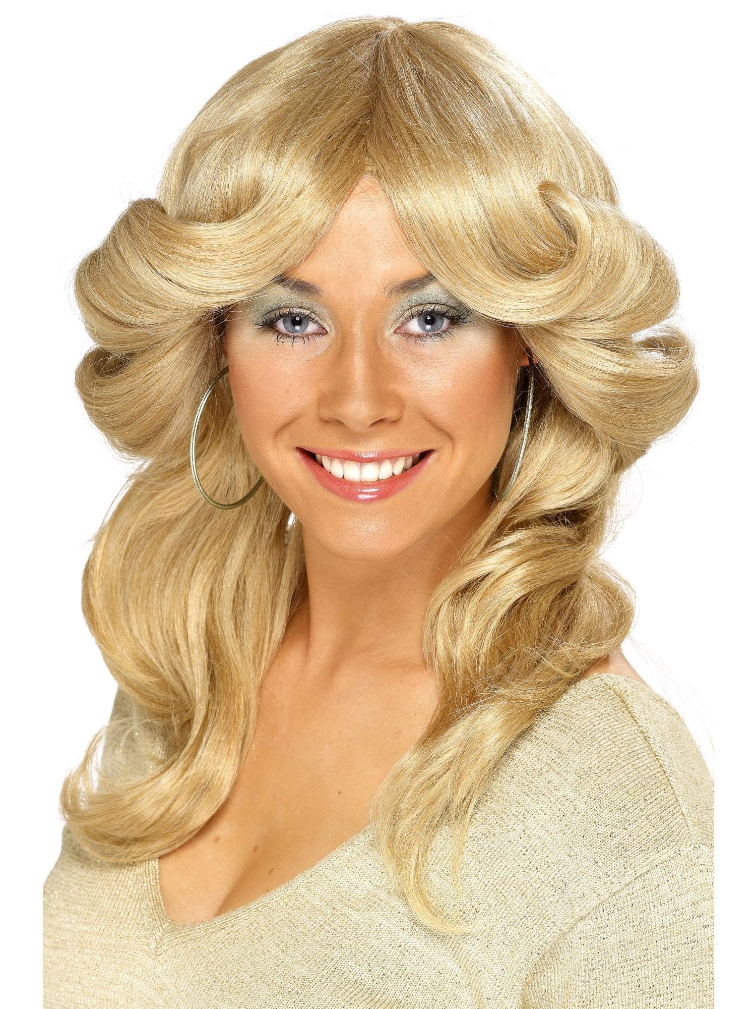 Smiffys 70s Flick Wig, Blonde Long, Wavy & Layered, 1970's Disco Fancy Dress, 1970s Dress Up Wigs Halloween