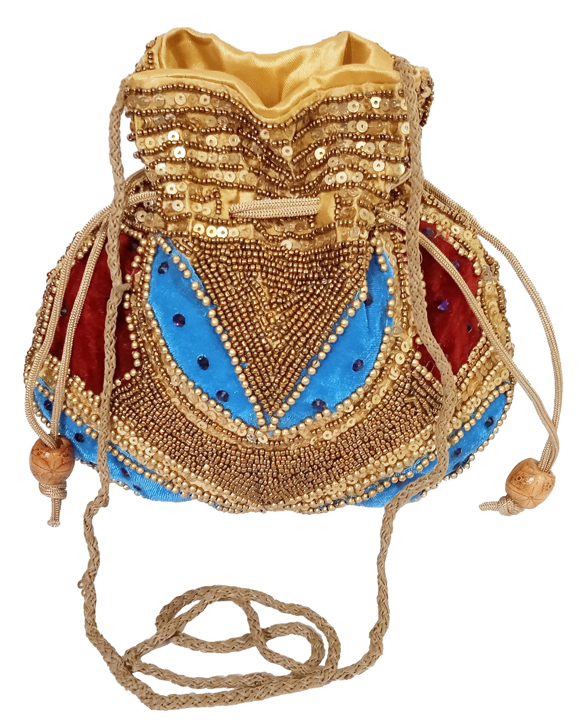 Purpledip Potli Bag (Drawstring Satchel Purse) With Gold Thread & Sequin Embroidery, Multicolor (11266)