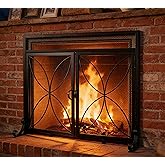 Fire Beauty Magnetic Double Door Black Wrought Iron Fireplace Screen Guard | Heat-resistant alloy steel mesh, stable front rear legs, hidden hinge design for home hearth decoration