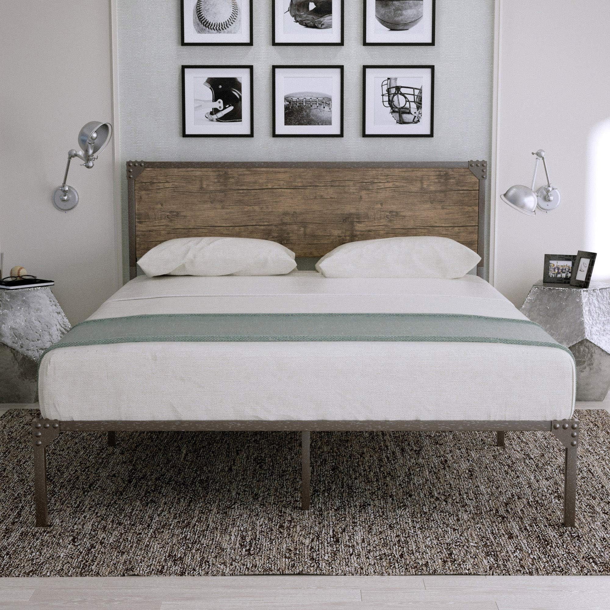Amolife Queen Bed Frame with Headboard/Metal Platform Bed Frame/Mattress Foundation/Strong Slat Support/No Box Spring Needed, Snow Brown