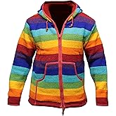 Shopoholic Fashion Mens Rainbow Stripe Zip Up Woolen Hippy Hooded Winter Jacket