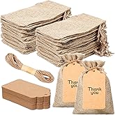Lemecima 100 Pcs Burlap Gift Bags with 100 Pcs brown Paper Gift Tags with Drawstring Favor Bulk Burlap Sack Bags for DIY Wedding Party Craft(4 x 6 Inch,Light Brown)