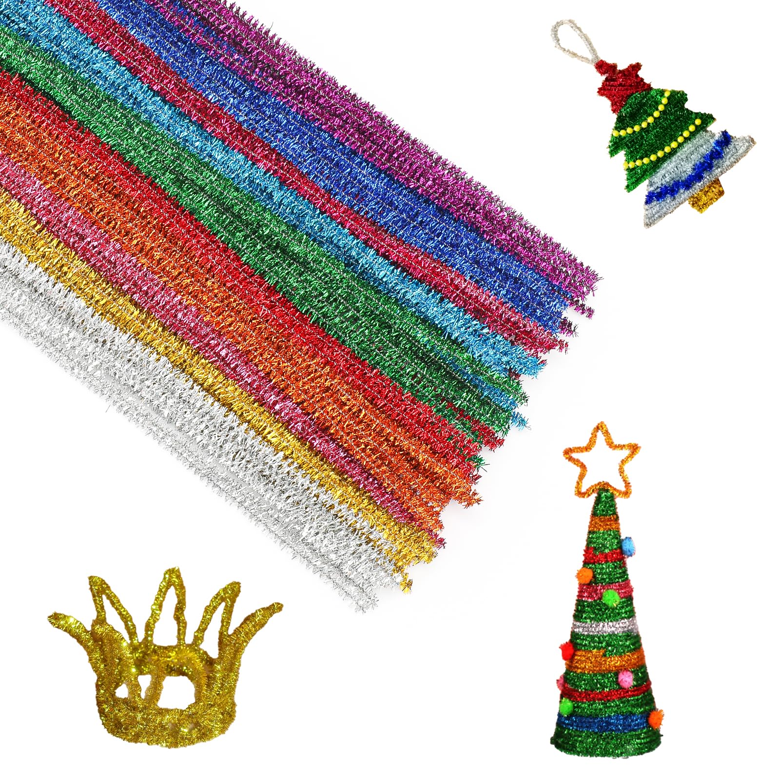 KINGLAKE 100pcs Glitter Pipe Cleaners for Crafts Christmas, 30cm x 6mm Sparkly Coloured Crafts Pipe Cleaners, Long Chenille Stems for DIY Crafting Xmas Decorations
