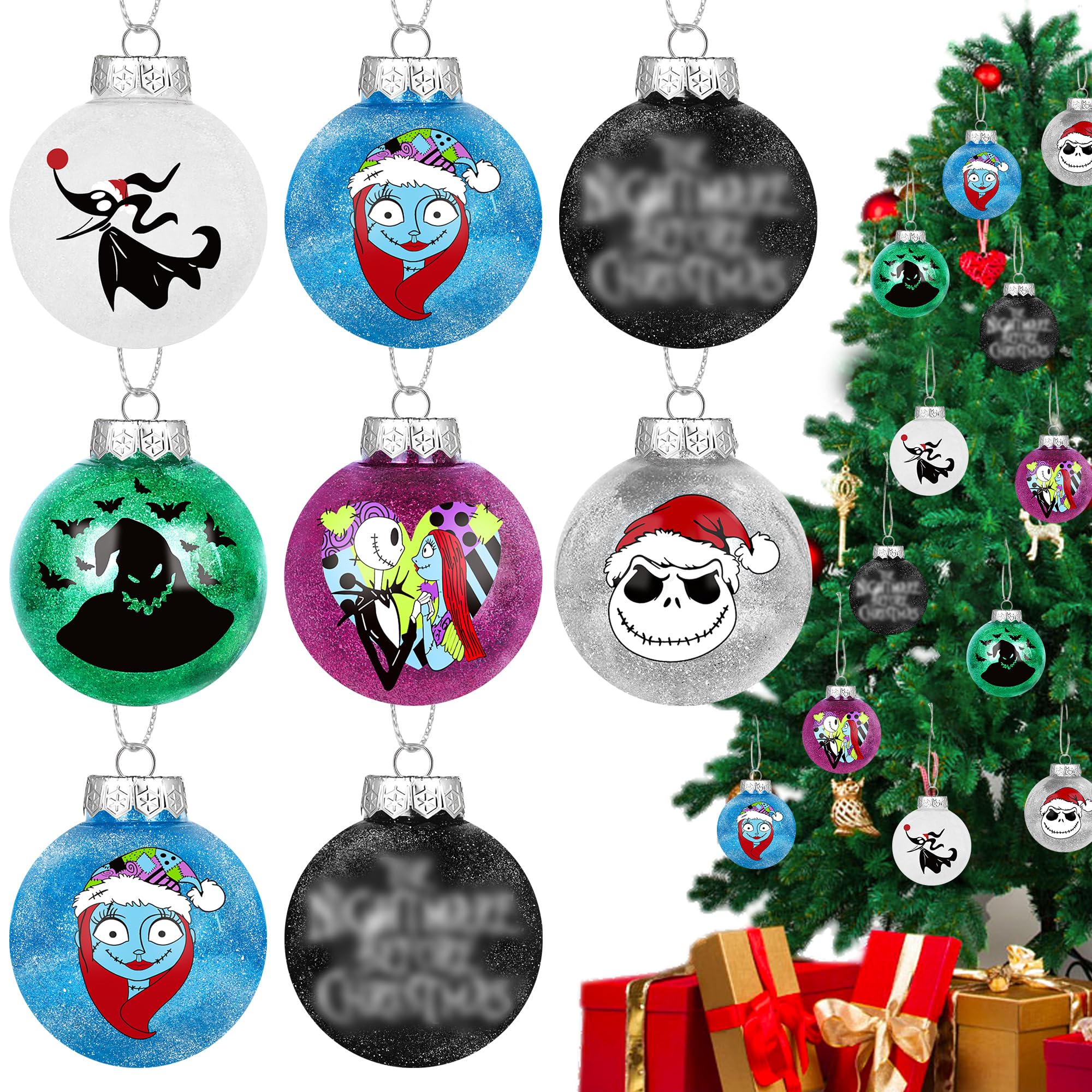 Photo 1 of 12PCS Halloween Christmas Night-mare Ornaments for Tree, Glitter 2.36'' Halloween Christmas Ball Ornaments Tree Decorations, Holiday Hanging Balls Baubles for Home Indoor Haunted House Party Decor