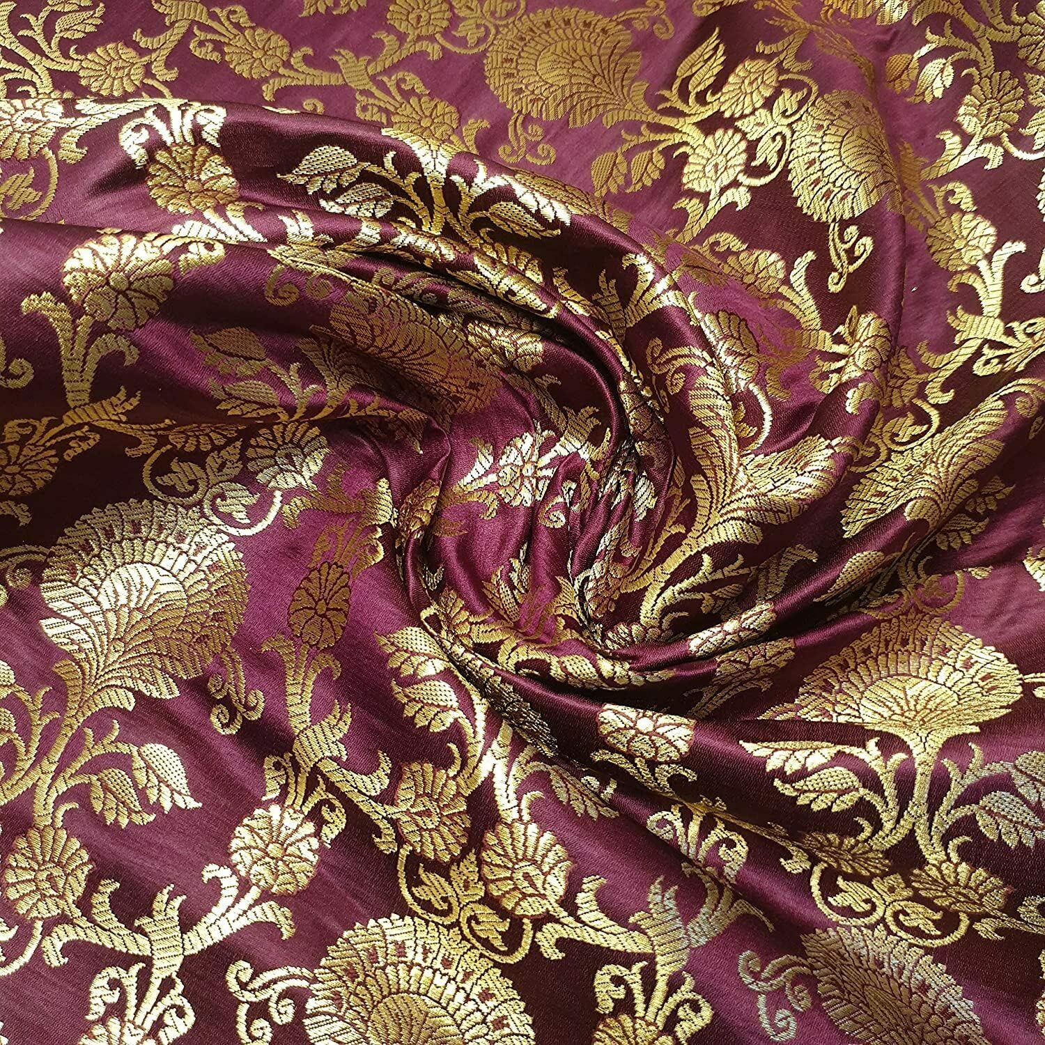 Indian Banarasi Brocade Premium Fabric Peacock Train Ornamental Metallic Print (Wine, 2 Meter)