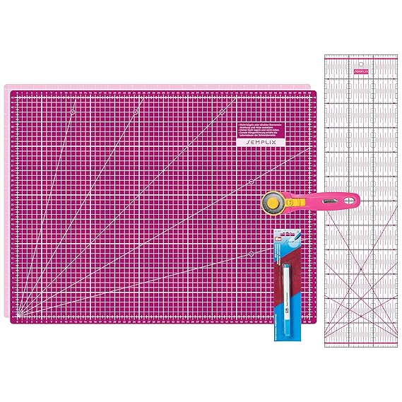 SEMPLIX Schneidematten Set - Schneideunterlage 60 x 45 cm (A2), Rollschneider Maxi, Patchwork Lineal + PRYM Aqua-Trickmarker 