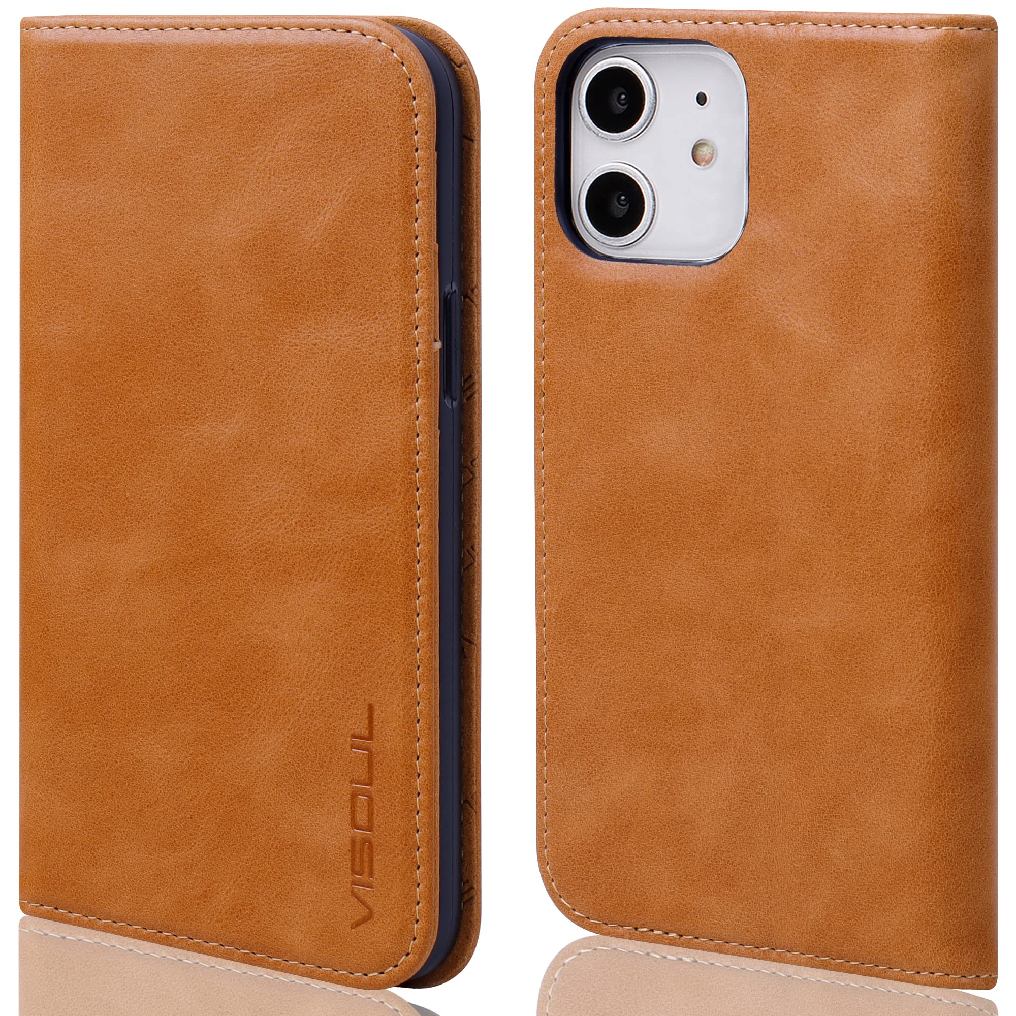 VISOUL iPhone 12 Pro Case, Genuine Italy Leather Magnetic Closure Book Stand Wallet Cover with Card Slots Shockproof For Flip Folio Protective iPhone 12/Pro Case 6.1" Yellow