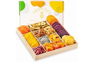 TROPIJOY Dried Fruits Gift Baskets for Women – 12 Gourmet Tropical Assortment Box | Soft Dry Fruit Basket Gift – Fresh Fruits and Nuts Food Gifts - Birthday Gifts for Women - Includes Reusable Wood Tray