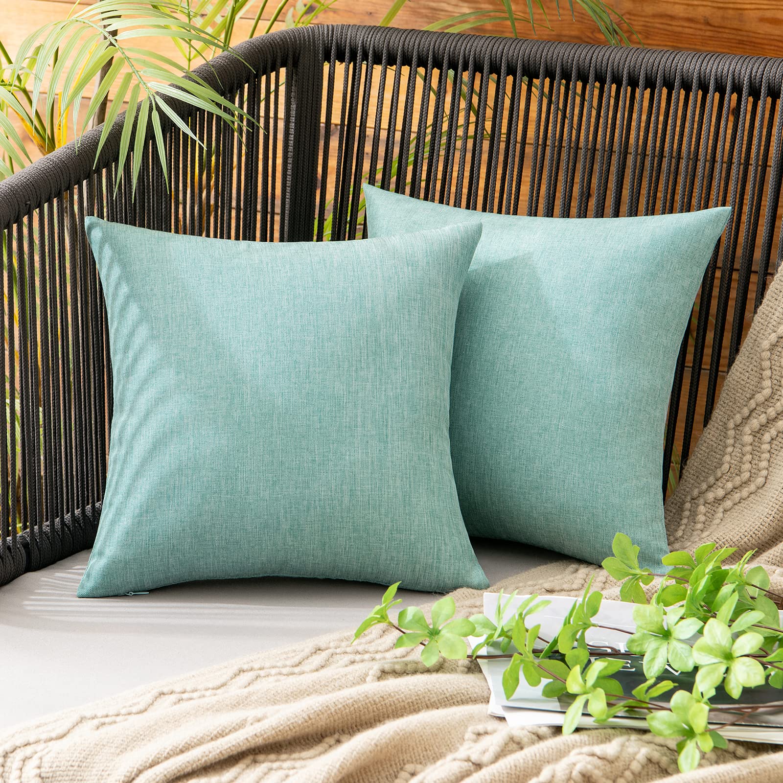 Photo 1 of MIULEE Pack of 2 Decorative Outdoor Solid Waterproof Throw Pillow Covers Faux Linen Garden Farmhouse Cushion Cases for Summer Patio Tent Balcony Couch Sofa 12x12 Inch Teal