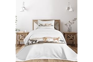 Lunarable Savannah Bedspread, Cartoon Illustration of Wild Savannahs Animals Exotic Giraffe Lion Zebra Print, Decorative Quilted 2 Piece Coverlet Set with Pillow Sham, Twin Size, Beige