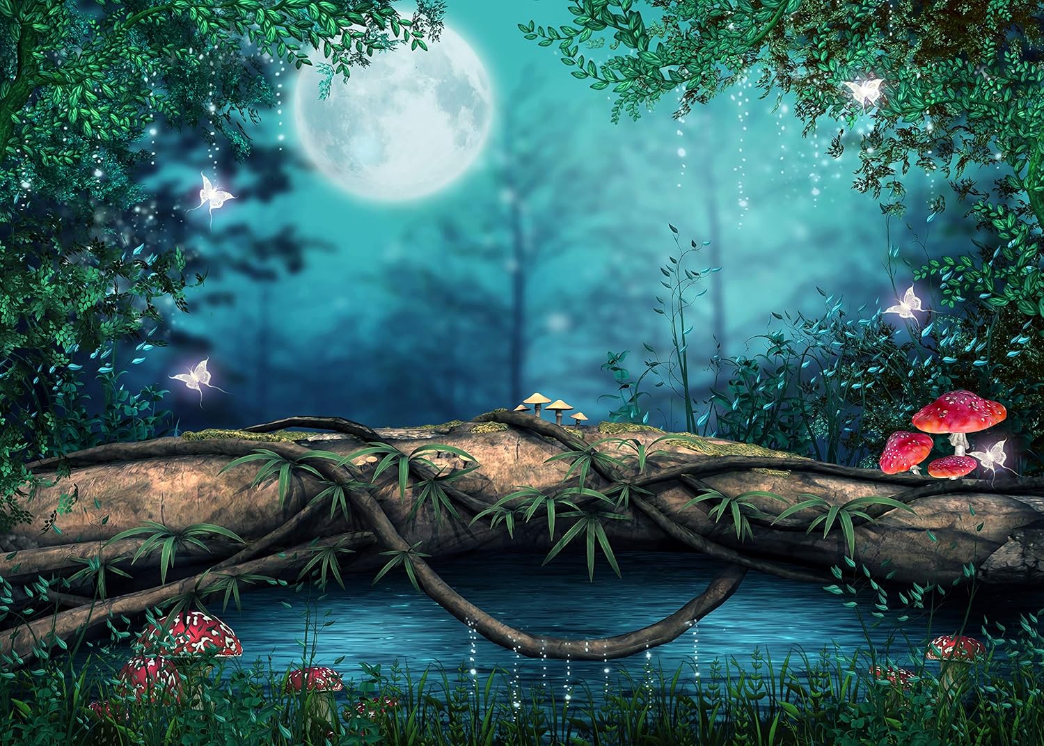 Amazon Com Enchanted Forest Backdrop Wonderland Princess Secret Garden Night Forest Backyard Fairy Tale Woods Cinderella Old Tree Butterfly Mushroom Moon Printed Fabric Background F0572 7 Wide By 5 Tall Arts Crafts