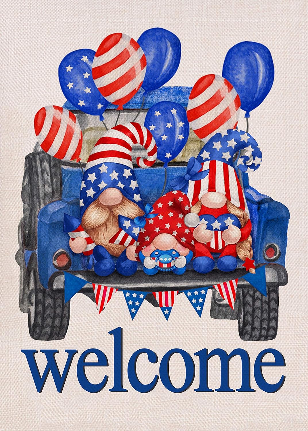 Covido Home Decorative USA July 4th Gnome Garden Flag, Welcome House Yard Lawn Decor Sign Red Blue White American Truck Outside Decorations, Patriotic Outdoor Small Burlap Flag Double Sided 12 x 18