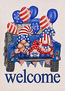 Covido Home Decorative USA July 4th Gnome Garden Flag, Welcome House Yard Lawn Decor Sign Red Blue White American Truck Outside Decorations, Patriotic Outdoor Small Burlap Flag Double Sided 12 x 18