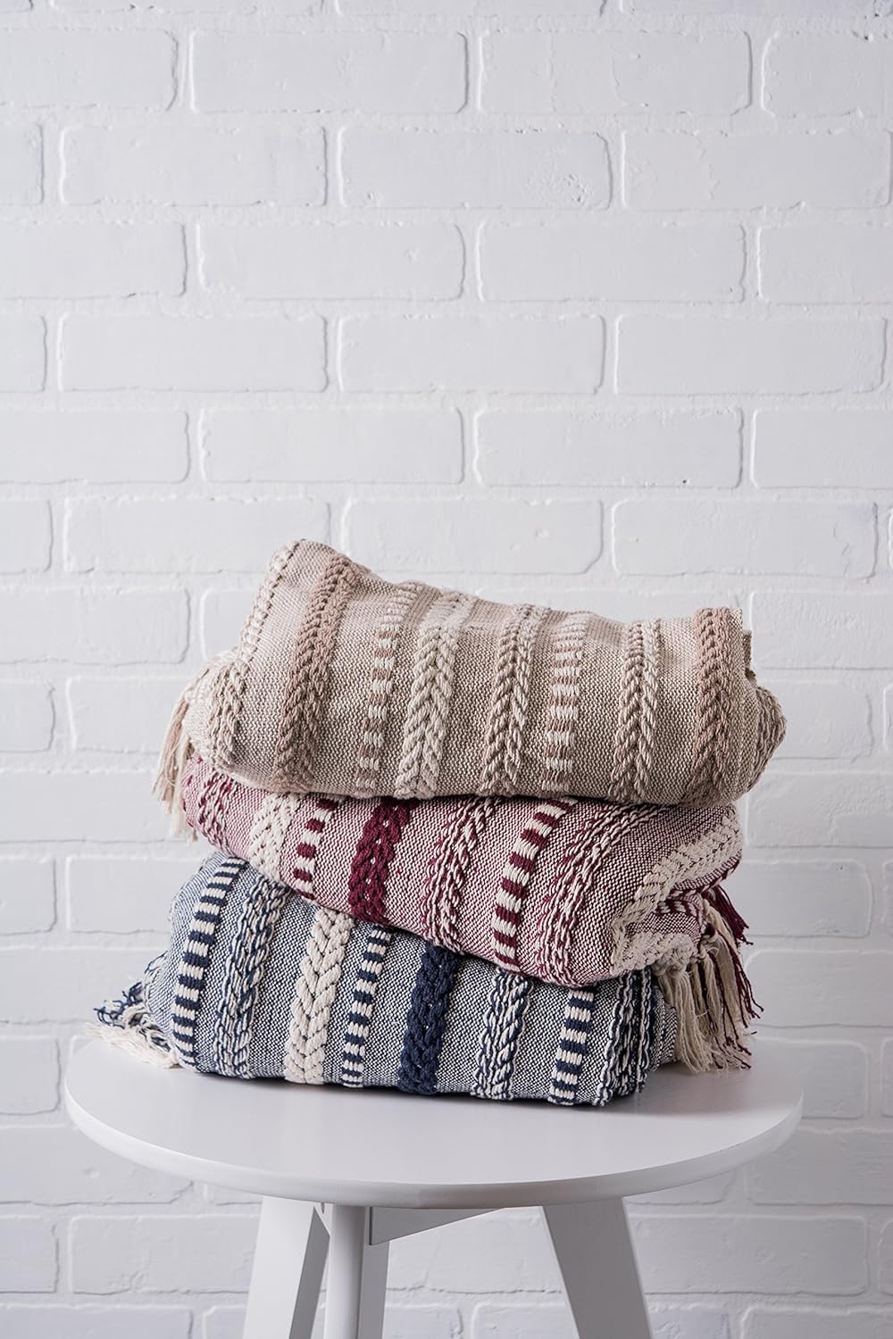 DII Farmhouse Cotton Stripe Blanket Throw with Fringe For Chair, Couch, Picnic, Camping, Beach, & Everyday Use , 50 x 60" - Braided Stripe Navy: Home & Kitchen