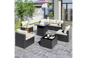 ELEGIBLISS 8-Piece Outdoor Patio Sectional Sofa Set with Fire Pit Table – PE Wicker Rattan Modular Conversation Furniture, Cushions & Clips Included – Patio Couch for Porch, Backyard, Poolside, Garden