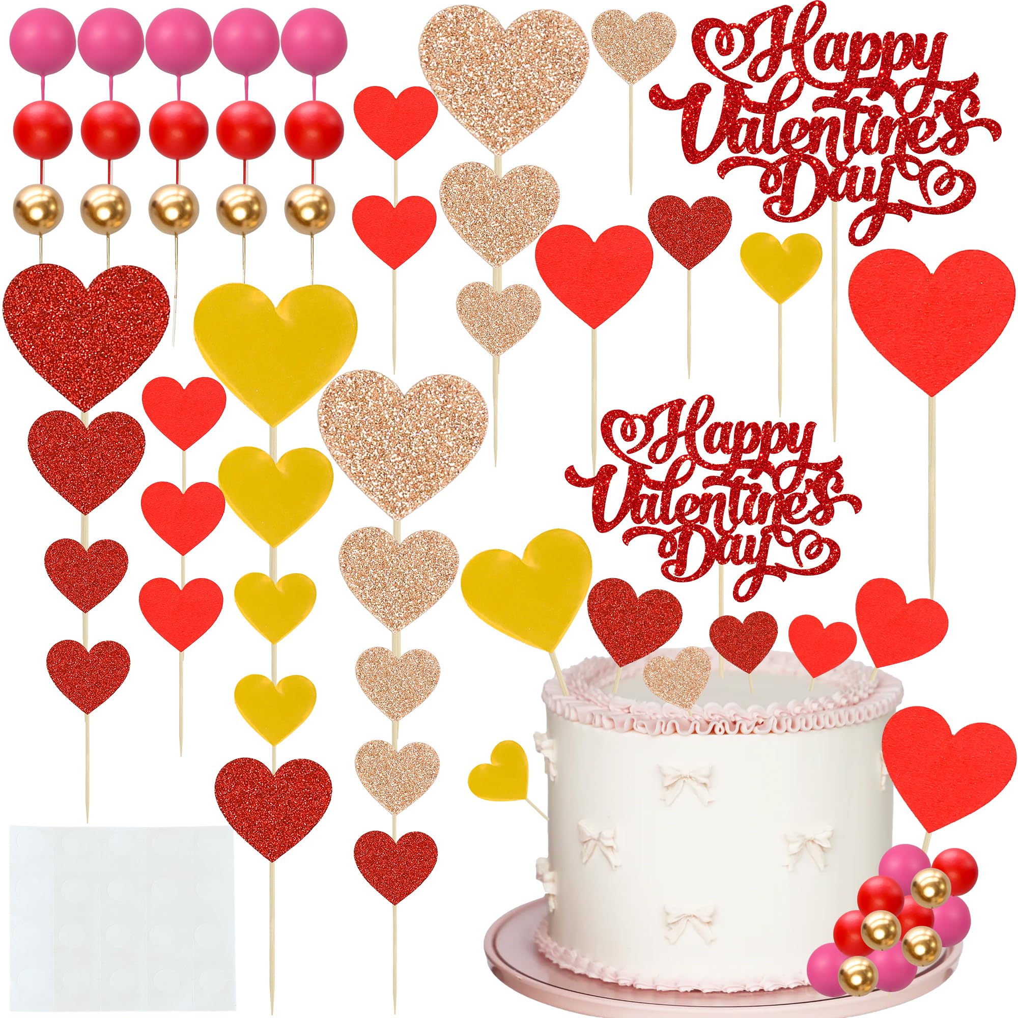 Ephlyn Happy Valentines Day Cake Topper Decorations Red Gold Heart Foam Ball Cupcake Picks for Valentine's Day Birthday Wedding Party DIY Cake Decorations Supplies Multicolor