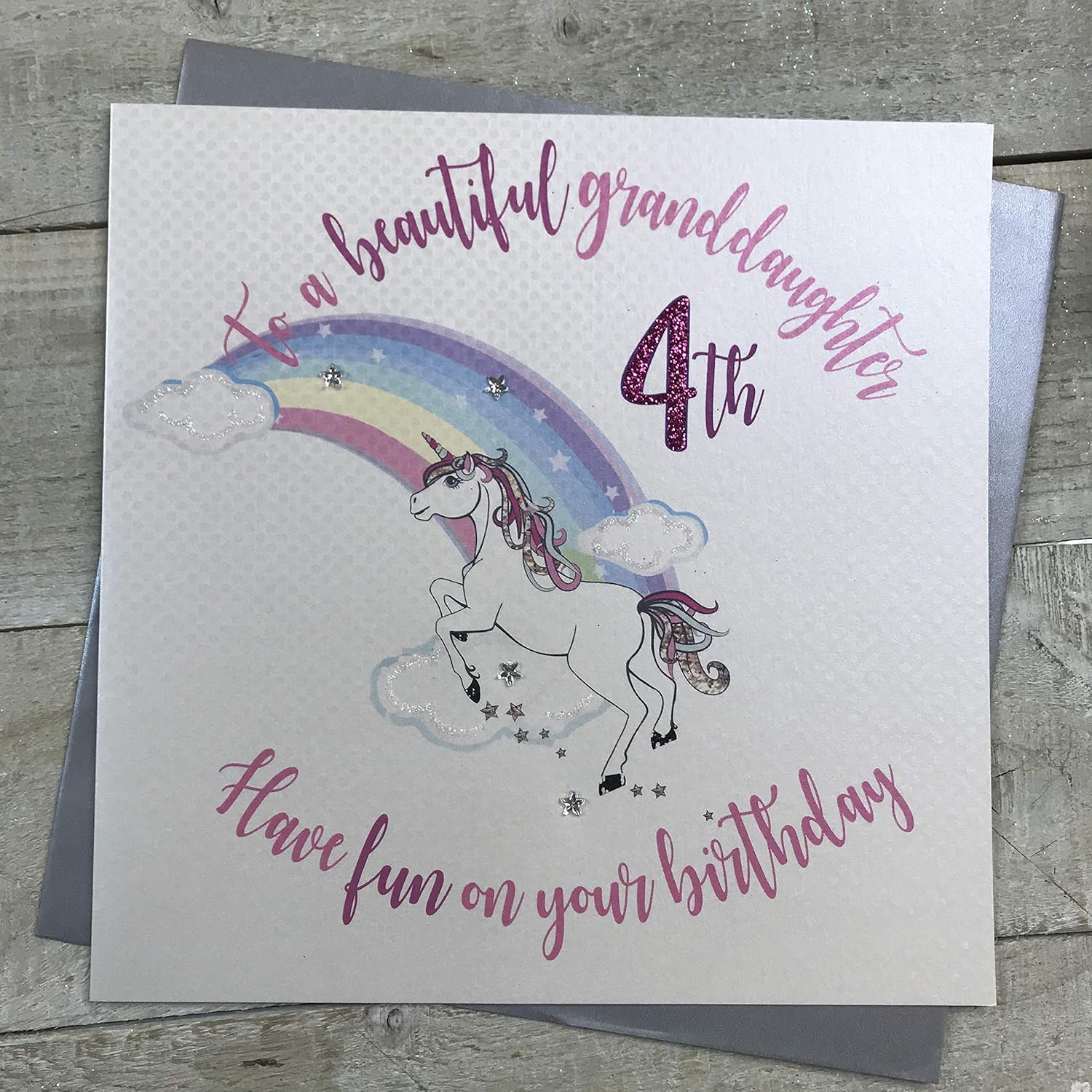White Cotton Cards Large "to a Beautiful Granddaughter, Have Fun on Your 4th Birthday" Handmade Card, XR34-4gd