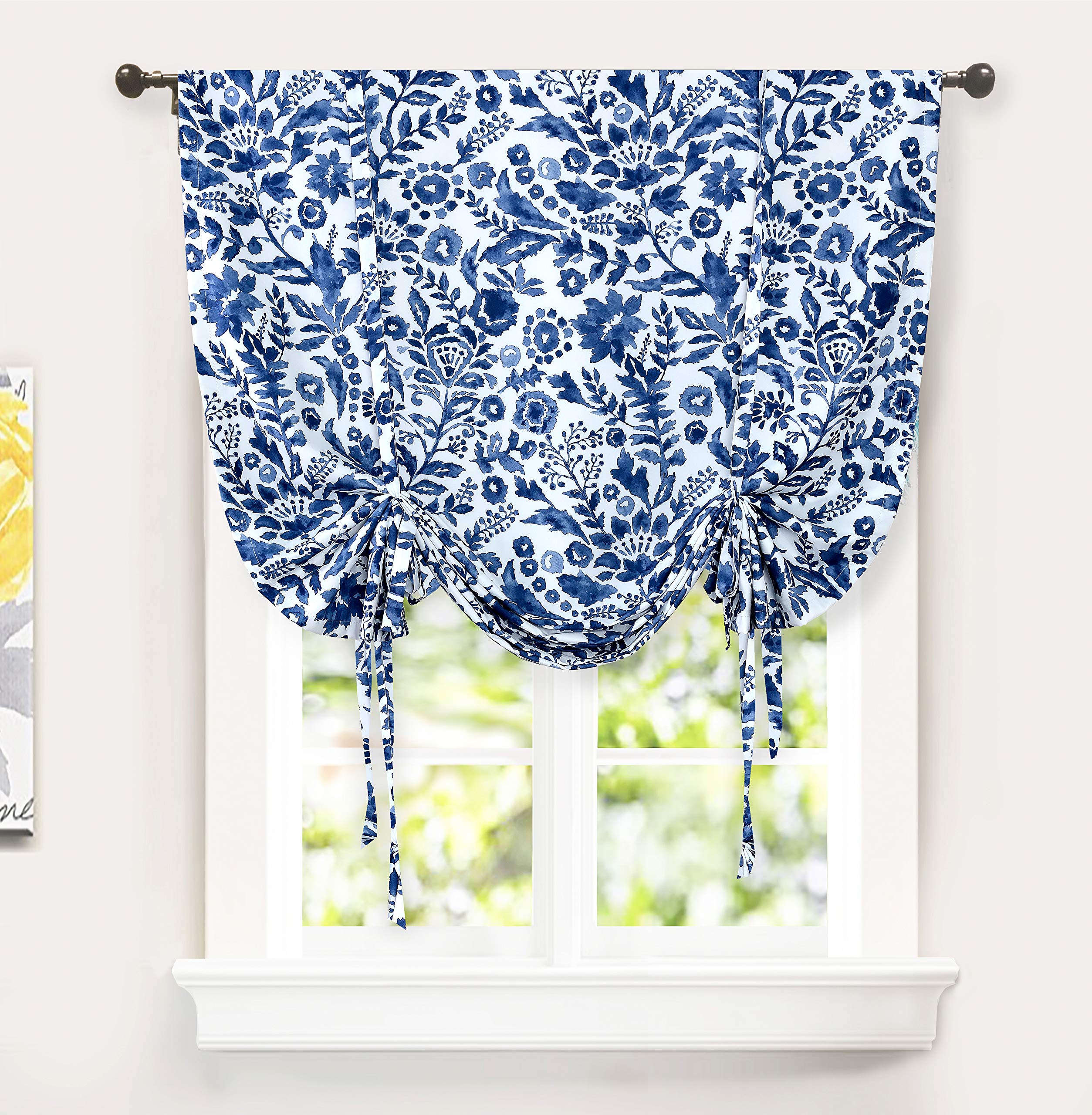 DriftAway Julia Watercolor Blooming Flower Floral Tie Up Curtain Thermal Insulated Blackout Window Adjustable Balloon Curtain Shade for Small Window Rod Pocket Single 45 Inch by 63 Inch Navy
