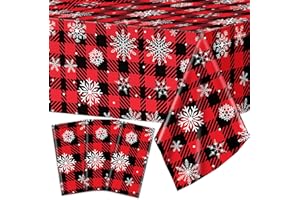 CHIAZLLTA 3Pcs Red and Black Buffalo Plaid Merry Christmas Party Tablecloth Decorations Supplies, Plastic White Snowflake Buffalo Plaid Sign Table Cover for Christmas Winter Holiday Indoor Outdoor Party
