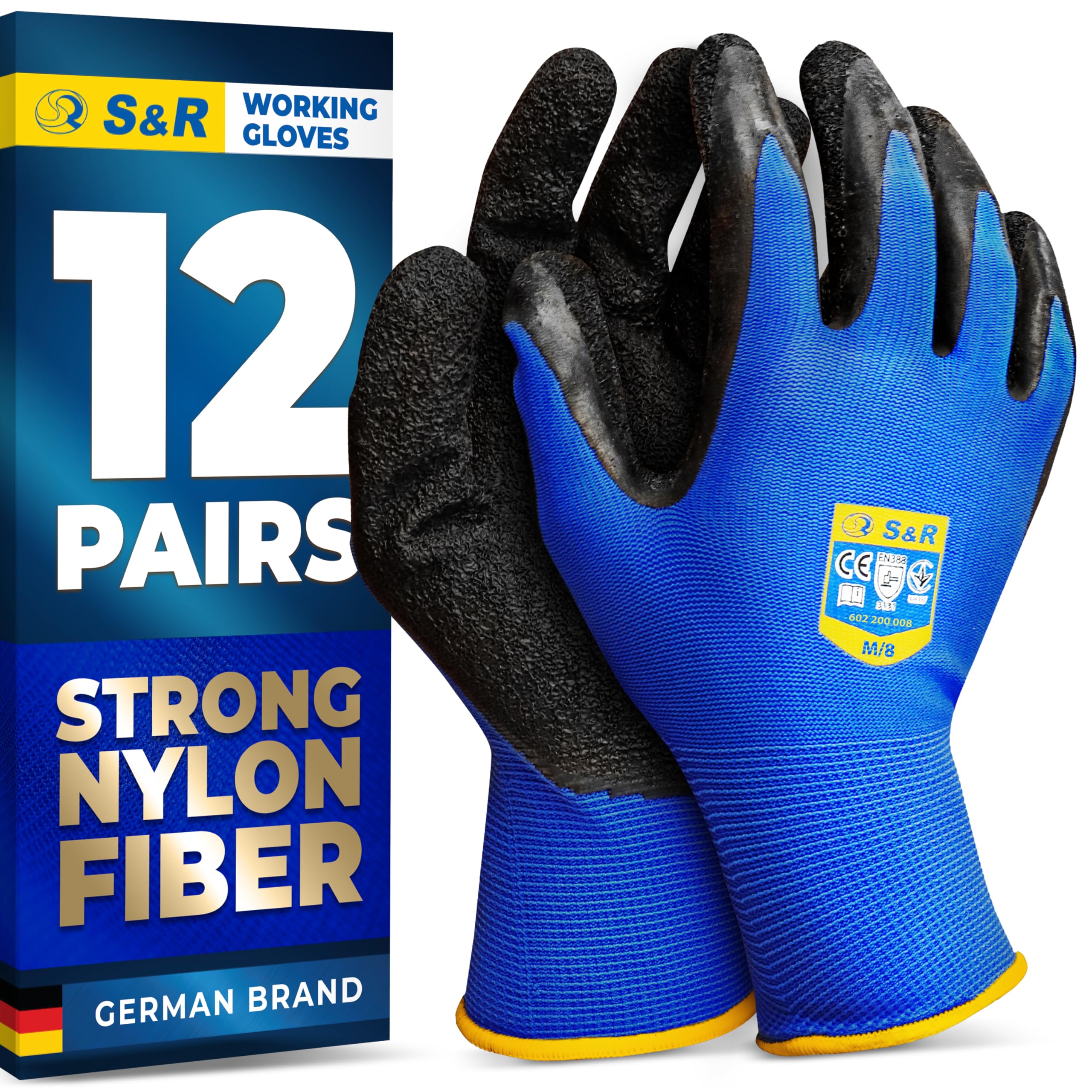S&R Work Gloves – 12 Pairs, Size M/8, Latex-Coated Nylon Protective Gloves for Indoor & Outdoor Use
