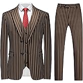 MOGU Mens 3 Piece Pinstripe Suit Slim Fit Double Vents Tuxedo Jacket Vest & Pants Casual Dress Set