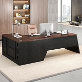Epecoya 78-Inch L-Shaped Executive Desk with Drawer, Walnut Brown Black | Large Home Office Desk with Cord Hold and Power Outlet, Modern Computer Table with File Cabinet,Open Shelf and PC Stand