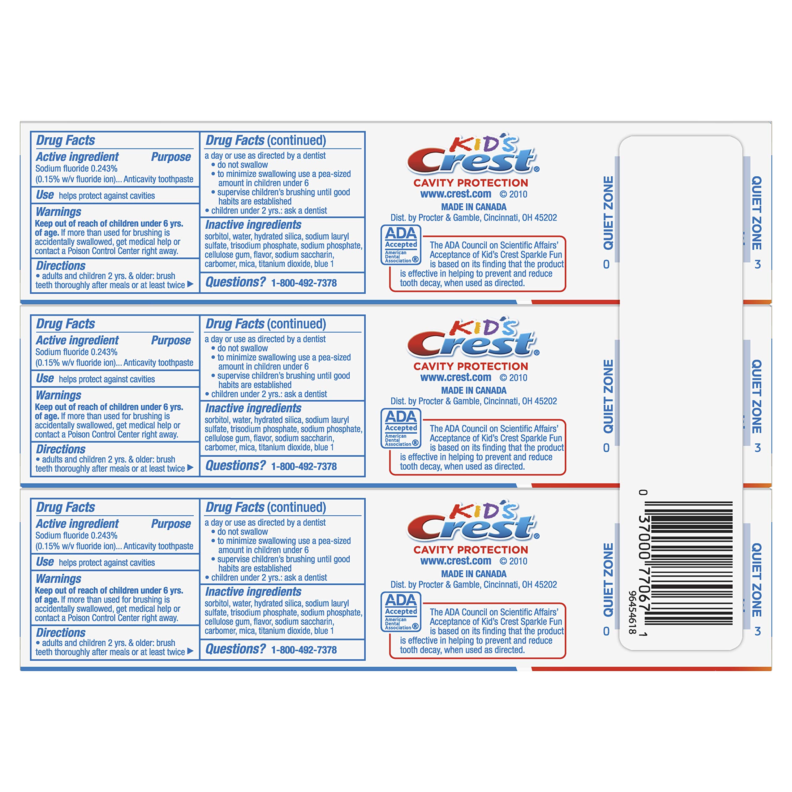 Crest Kid's Cavity Protection Toothpaste, Crest Kids Toothpaste, For Children And Toddlers 2+, Sparkle Fun, 4.6 Oz (Pack of 3), Toothpaste For Kids, Packaging may vary