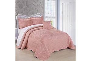Home Soft Things Damask 4 Piece Bedspread Set, Scalloped Edge Reversible Quilt Coverlet Comforter Prewashed Bedding Set, Matelasse Embossed Floral Solid Pattern,Dusty Pink Oversize Queen(110" x 120")