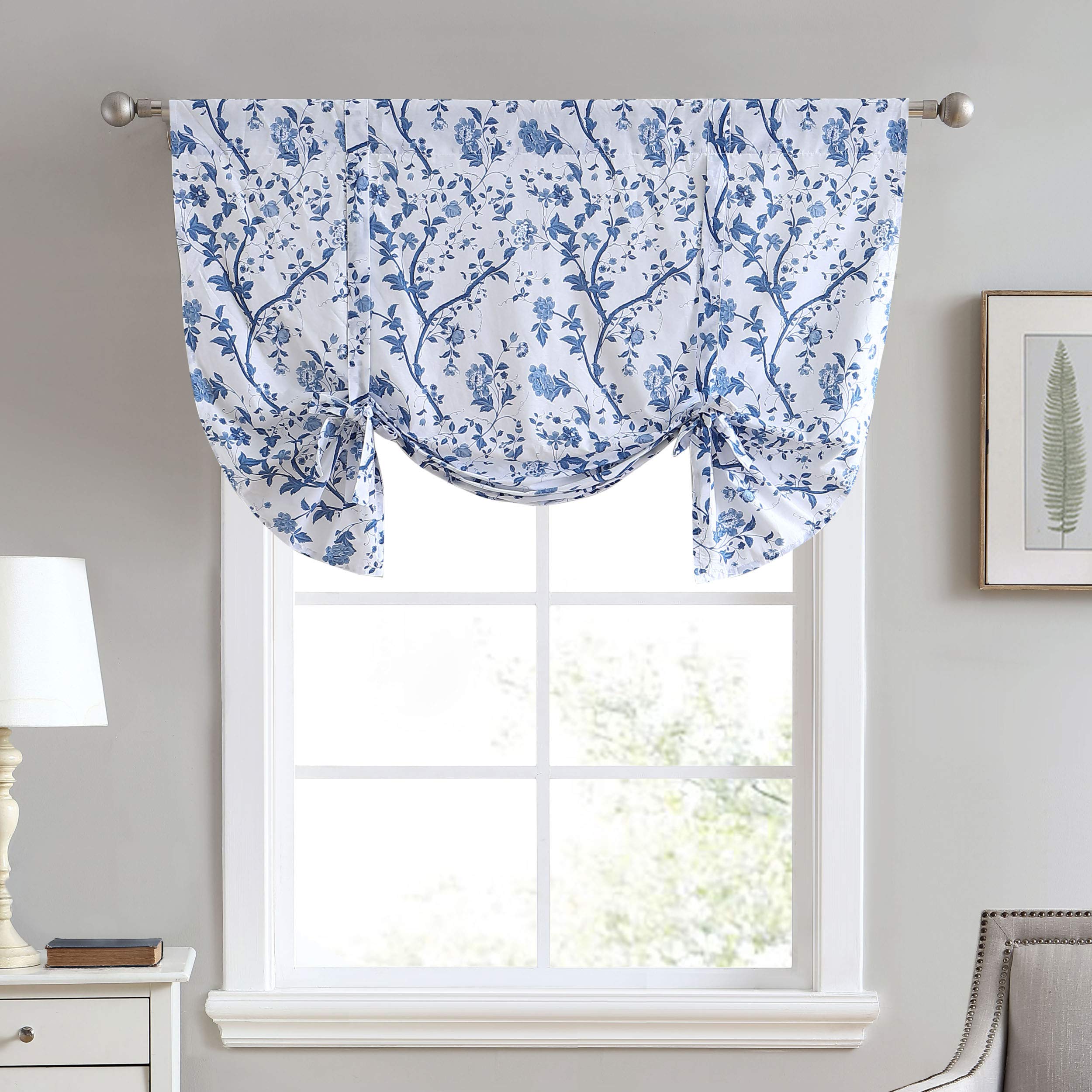 Laura Ashley Home Stylish Floral Print Valance Curtain, Chic Decorative Window Treatment for Home Décor, Cotton, Blue, 50" x 18"