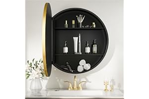 Keonjinn 24 x 24 Round Medicine Cabinets for Bathroom, Gold Surface Mount Metal Framed Medicine Cabinet with Mirror, Modern Medicine Cabinet Wall Mount Only, Farmhouse Mirrored Cabinet with Storage
