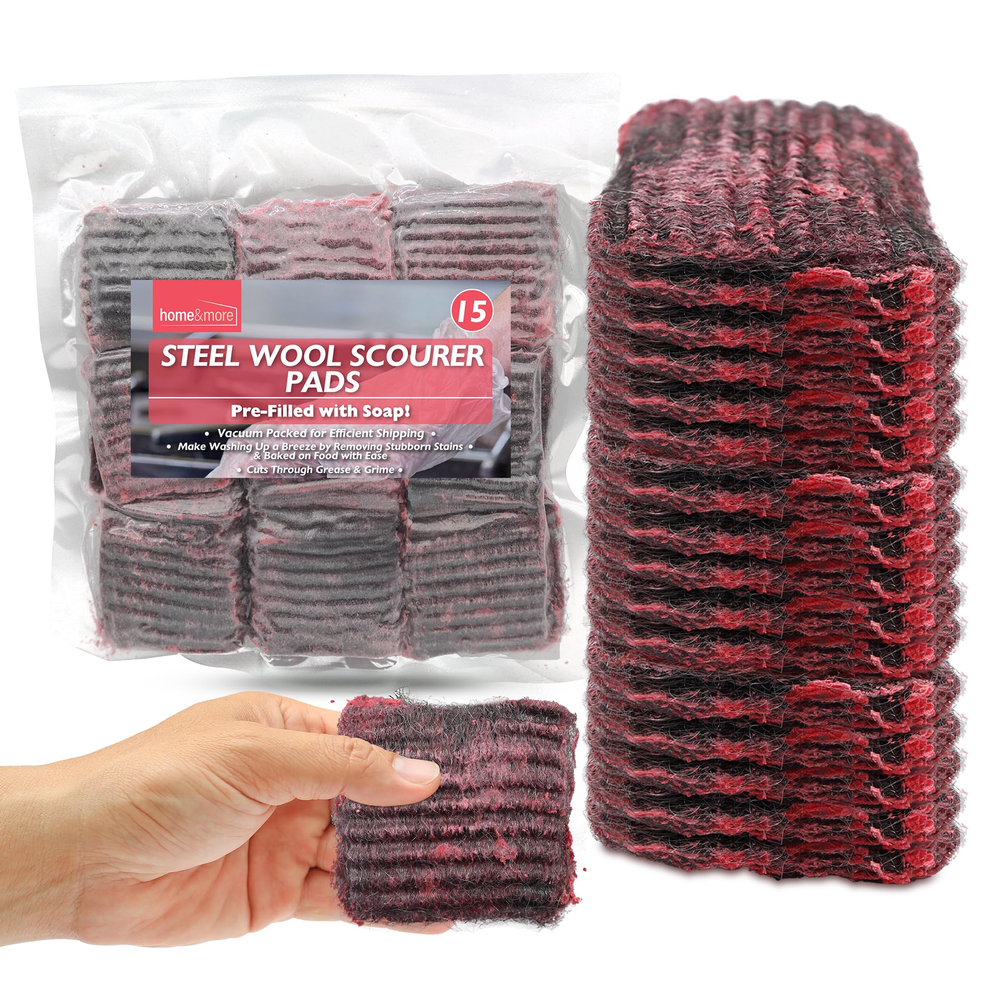 SOL 15pk Steel Wool Scourer Pads, Heavy Duty Soap Filled Pan Scrubbers, Great for Pots and Cookers, Durable, Rust-Resistant Built-In Soap for Cutting Grease & Stains, Multi-Purpose Use for Cleaning