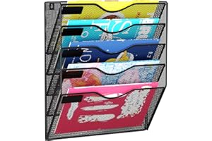 GDINDINFAN 5 Pockets Mesh Hanging Wall File Holder Organizer Wall Mounted Paper Magazine Rack, Black