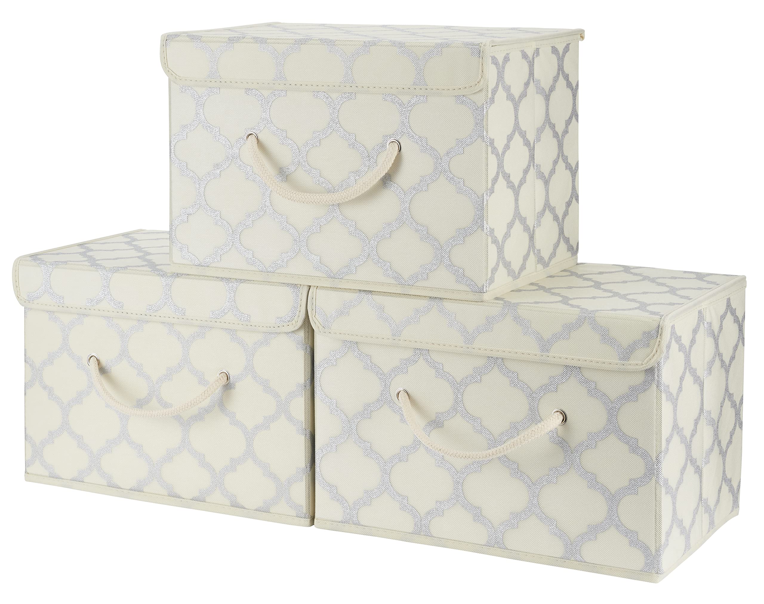Cream/Metallic Fabric Storage Boxes with lids, Stackable and Foldable. For wardrobes, shelves, clothes, bedroom, office, cupboard, keepsake box, crafts, toys, shoes, socks. Rope Handle 3pk 37x25x25cm